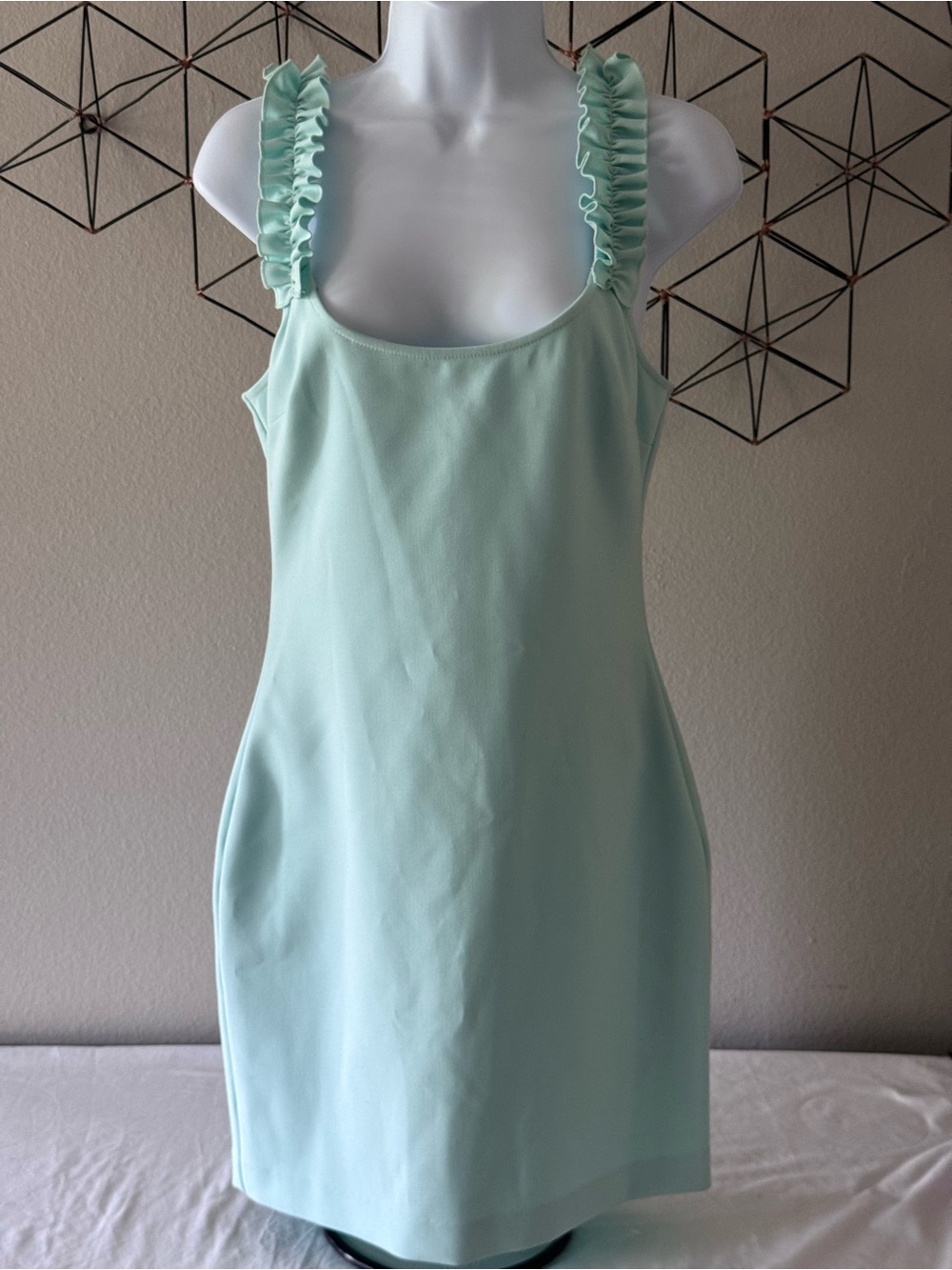 LIKELY Elana Bodycon Dress - Ruffled Shoulder Straps - Mint Green 
Women’s 6
